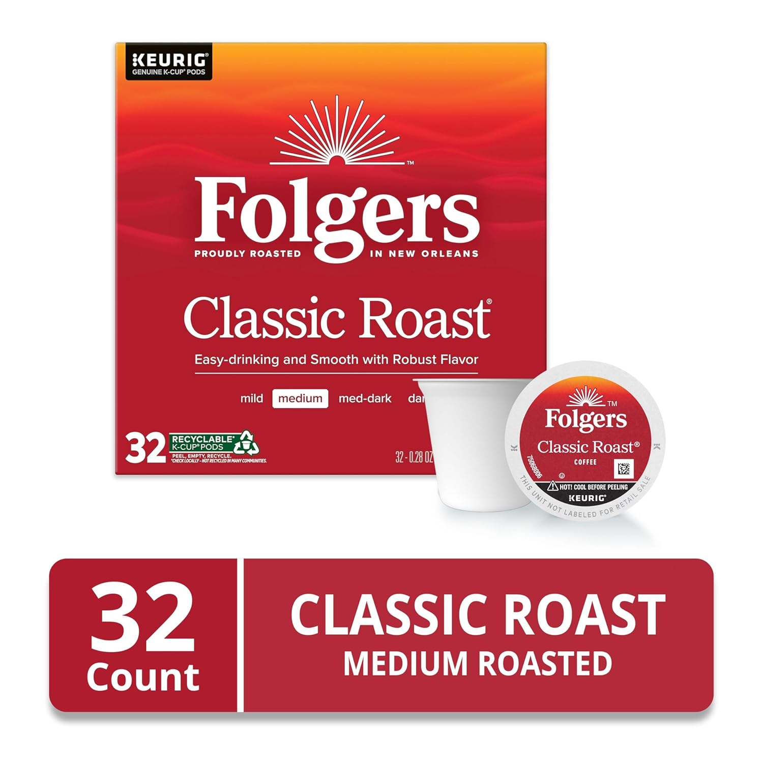 Folgers Classic Roast Coffee, Medium Roast, K Cup Pods for Keurig Coffee Makers, 32Count