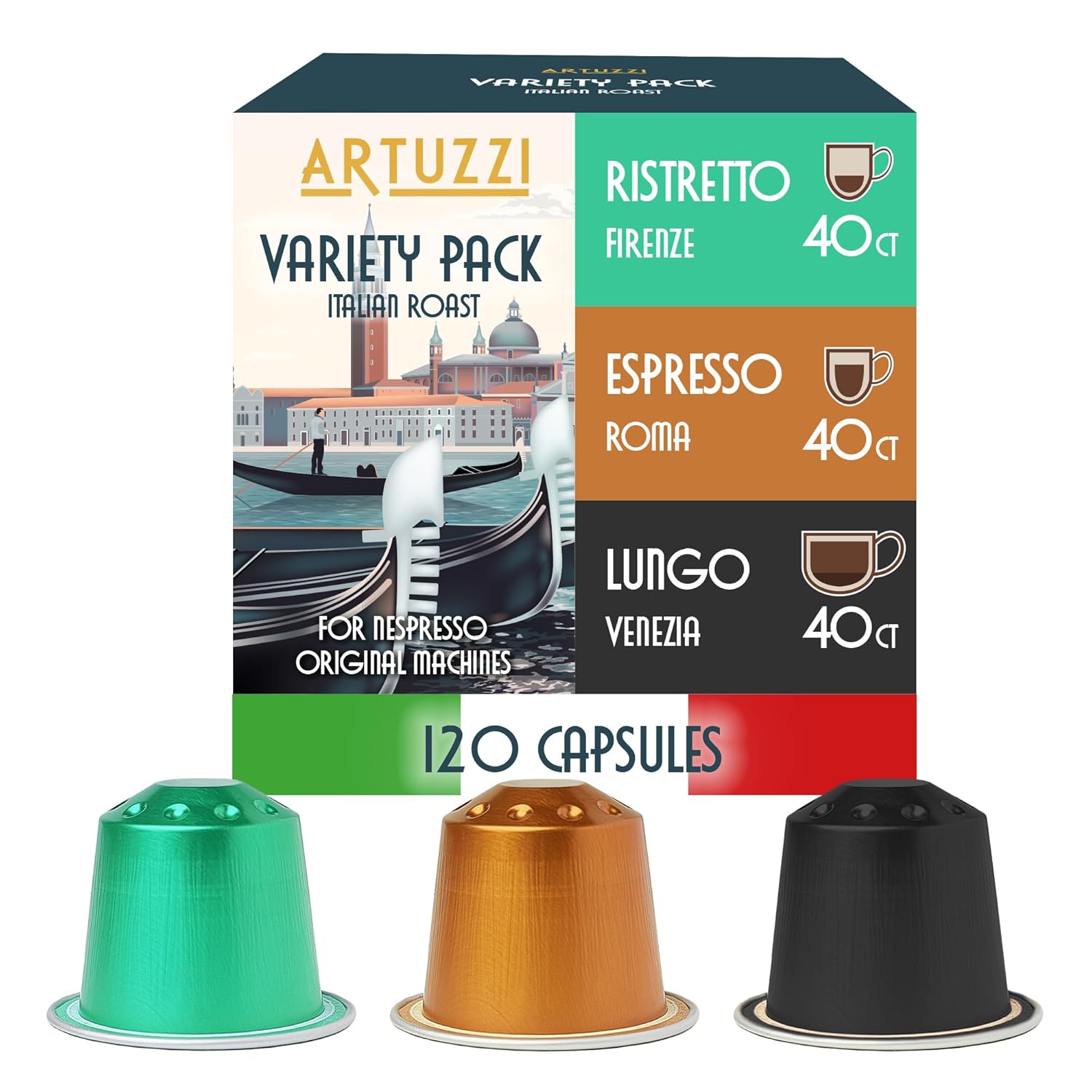 Artuzzi 120ct Compatible Nespresso Coffee Pods For Nespresso Original Machines | Espresso Ristretto Lungo Coffee Capsules | Espresso Variety Pack I Aluminum & Recyclable