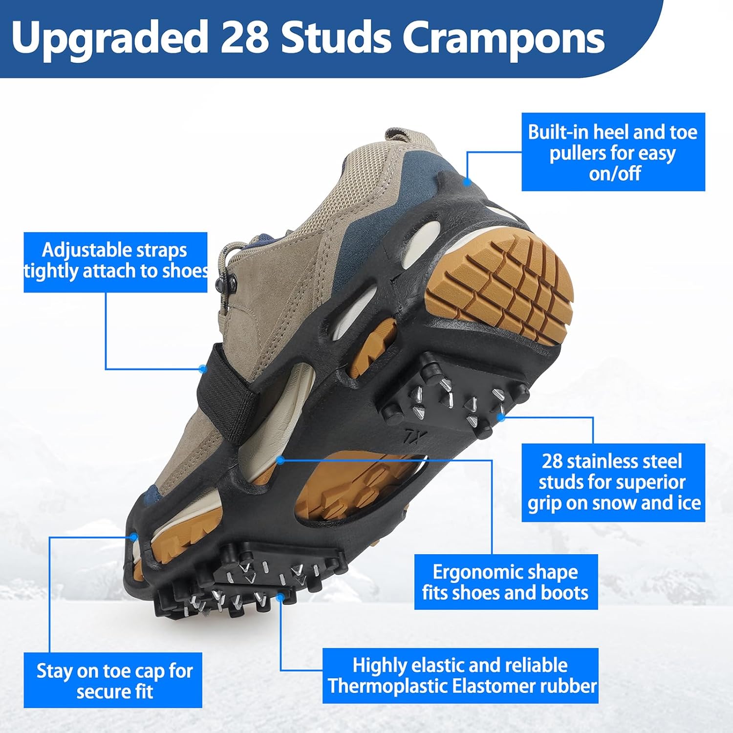 Alternative view of Ice Cleats, Crampons Ice Cleats for Shoes and Boots Men Women Kids, Anti Slip 28 Shoe Spikes for Snow and Ice, Non Slip Snow Cleats with Straps for Winter Walking Hiking Fishing