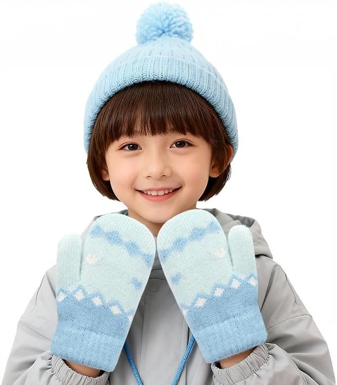 Toddler Magic Winter Full Finger Knit Gloves Stretch Baby Boy Girl Mittens on String Ski Snow Mittens Mitts 3-5 Years