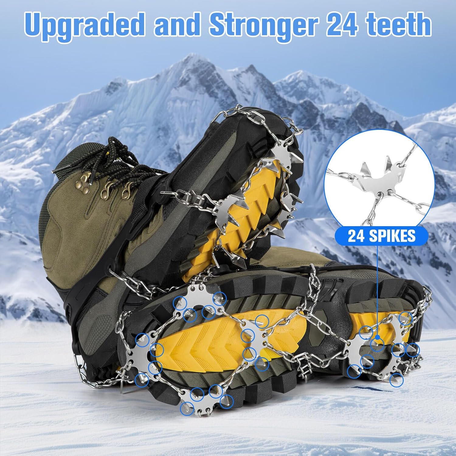 Tomaje 24 Spikes Crampons for Shoes, Anti Slip Ice Cleats for Shoes and Boots, Traction Ice Snow Grip with Stainless Steel Spikes and Silicone Men Women for Hiking, Walking, Climbing, Jogging,Fishing