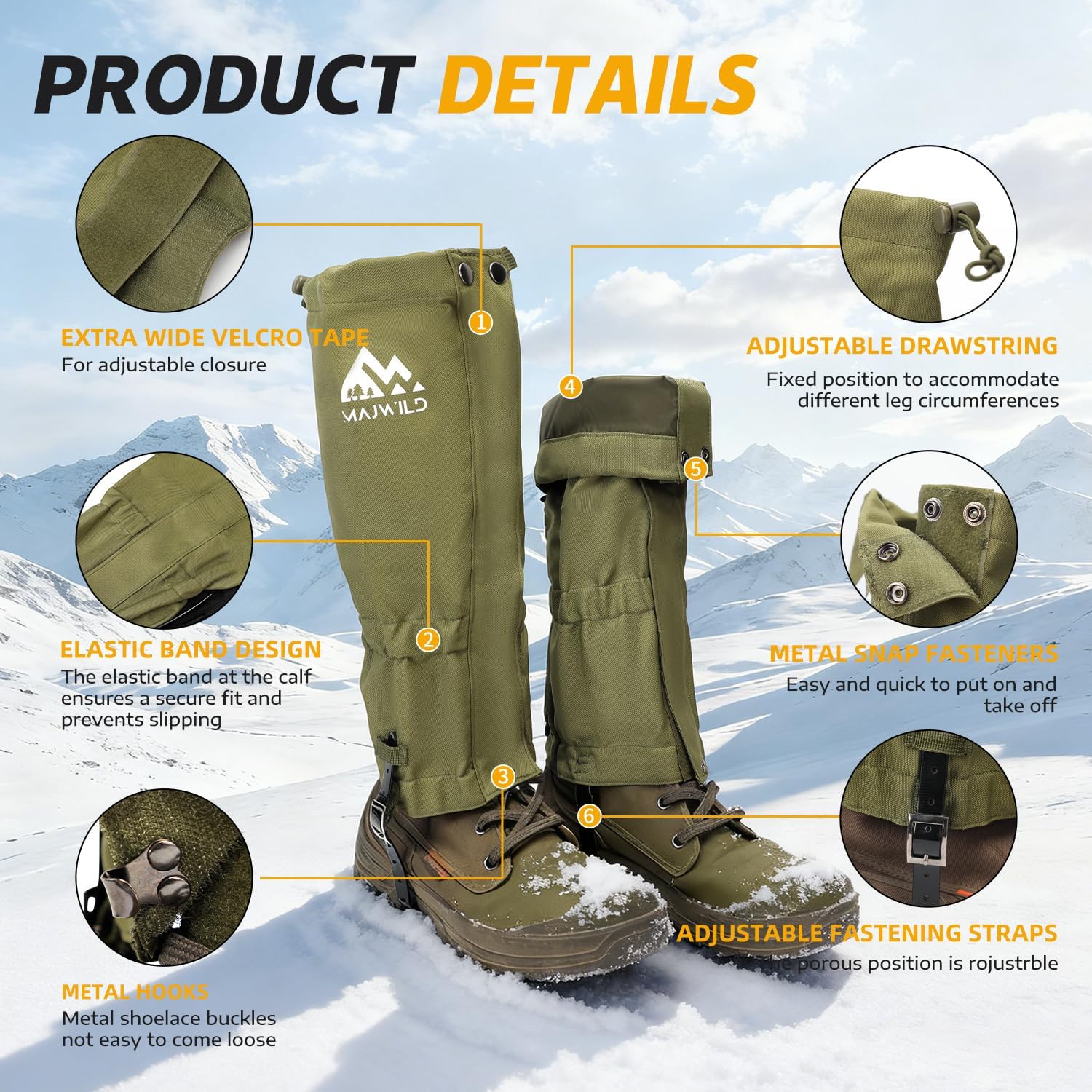 MAJWILD Adjustable Leg Gaiters, Waterproof Snow Boot Gaiters for Men Women with Hiking, Walking, Hunting, Snowshoeing, Climbing