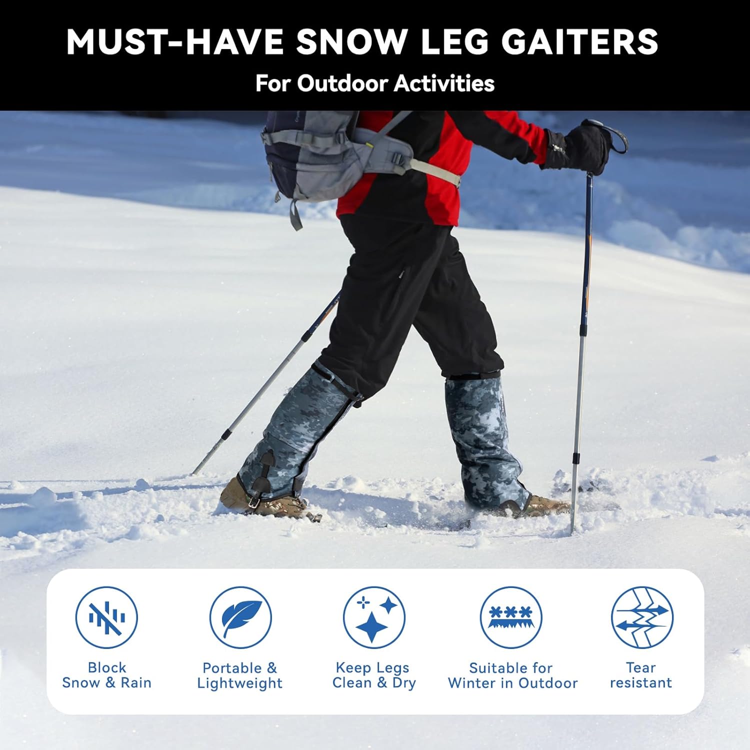 GearOZ Waterproof Snow Leg Gaiters, Lightweight & Adjustable Winter Hiking Boot Gaiters for Men & Women, Special Designed for Skiing Walking Climbing, Hunting, Home Gardening or Snowshoeing