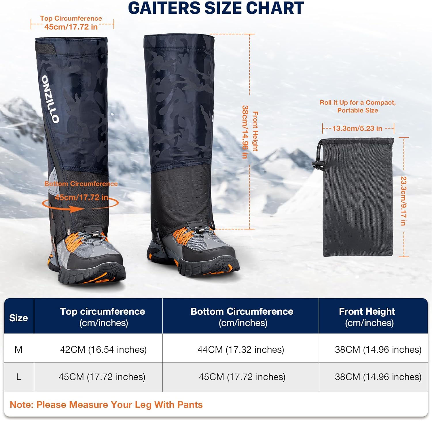 Alternative view of Leg Gaiters, Upgraded 1000D Waterproof Snow Gaiters with Reflective Patch, Hiking Boots Gaiters with Ajustable Foot Strap, Lightweight Leg Shoe Guards for Women and Men