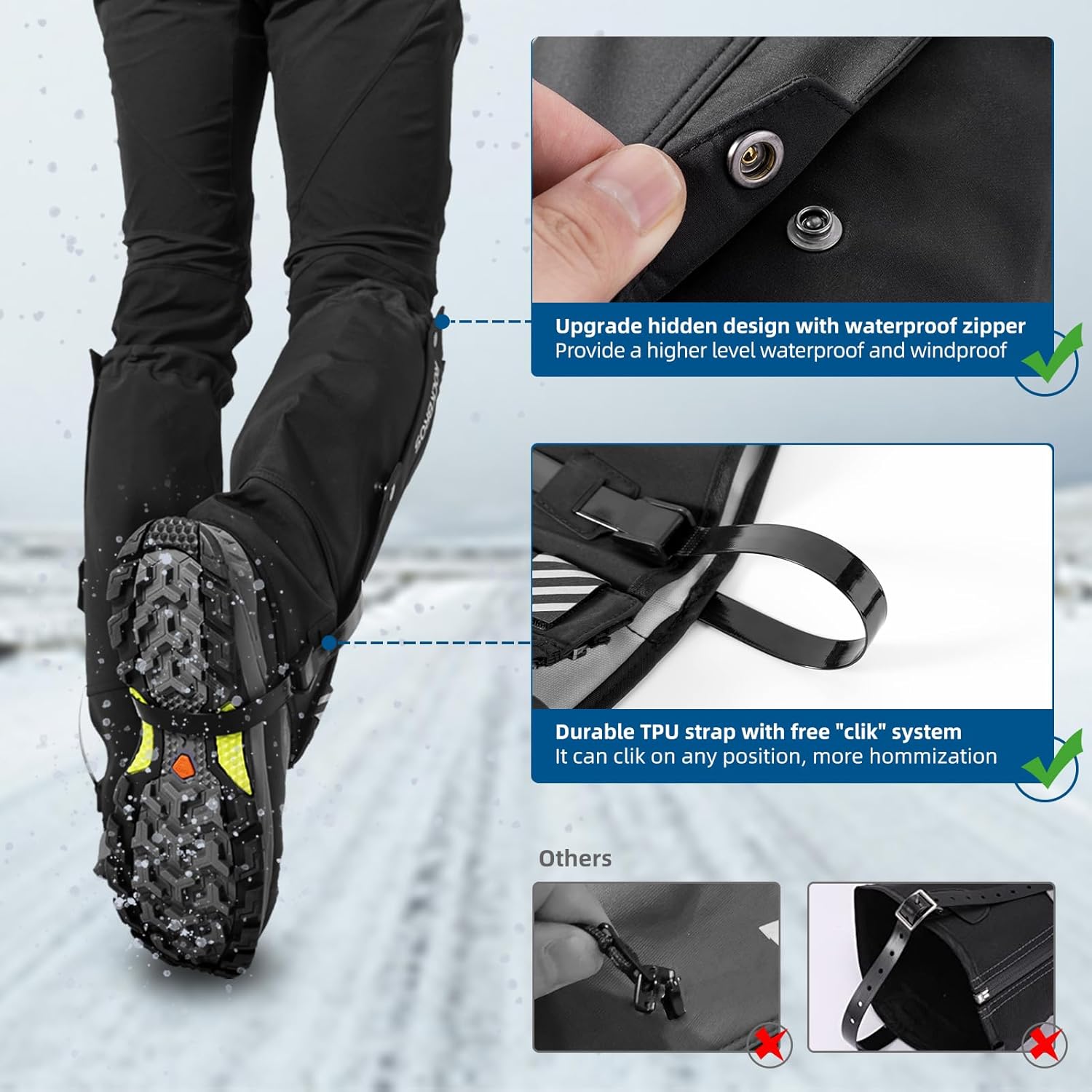 Alternative view of ROCKBROS Snow Boot Leg Gaiters for Hiking Waterproof Leg Gaiter for Skiing Walking Snow Boot Gaiters Tear Resistant Adjustable Gaiters