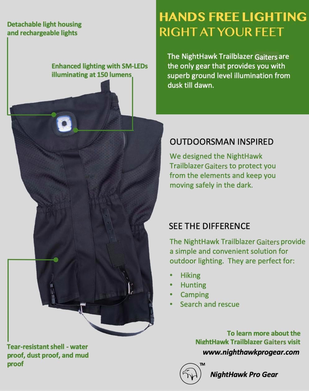 Alternative view of Pike Trail x Nighthawk Pro Gear Trailblazer Leg Gaiter: Illuminated for Nighttime Sand, and Snow - Hunting, Mountain Climbing, or Snowshoeing