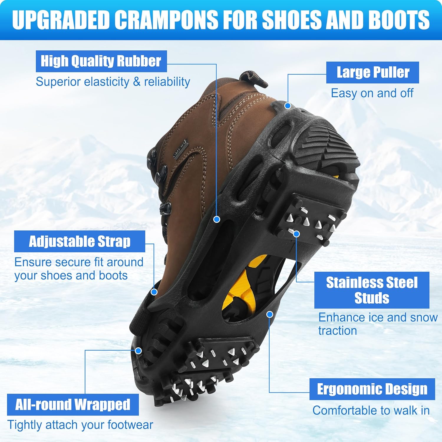 Alternative view of Ice Snow Cleats for Shoes and Boots Non Slip Crampons Ice Shoes Grippers 28 Studs Walk Traction Cleats for Women Men with Adjustable Straps for Hiking Walking Ice Fishing