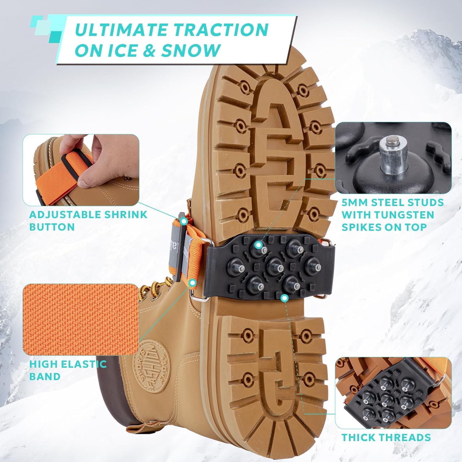 Alternative view of Starrylake Mid Sole Ice Cleats Anti Slip Snow Traction Crampons with 7 Tungsten Carbide Studs, Adjustable Straps Walking Footwear for Men Women, Orange, S/L