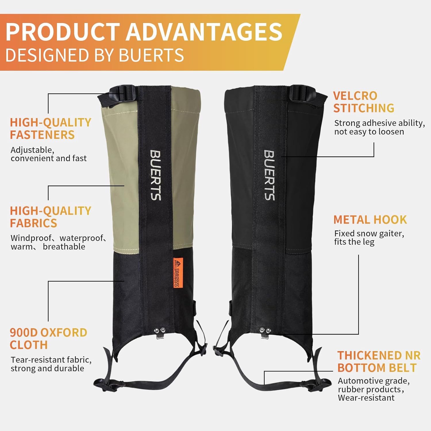 Alternative view of BUERTS leg gaiters, waterproof hiking gaiters made of 900D nylon, equipped with highly wear-resistant adjustable foot straps, suitable for men or women, mountaineering, skiing, hunting and snowshoeing