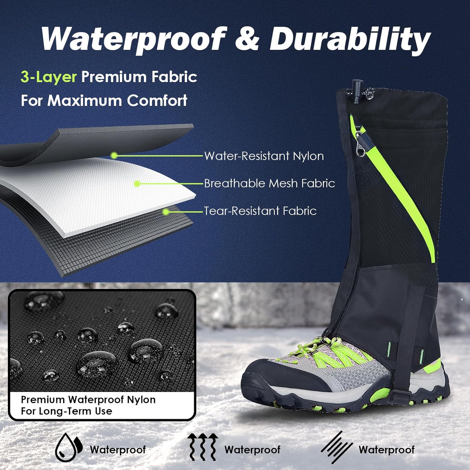 TeqHome Leg Gaiters, Nylon Waterproof Gaiters with Adjustable Drawstring, Outdoor Hunting Gaiters with Breathable Mesh, for Hiking Hunting Climbing Snowshoeing, Boot Gaiters for Women Men