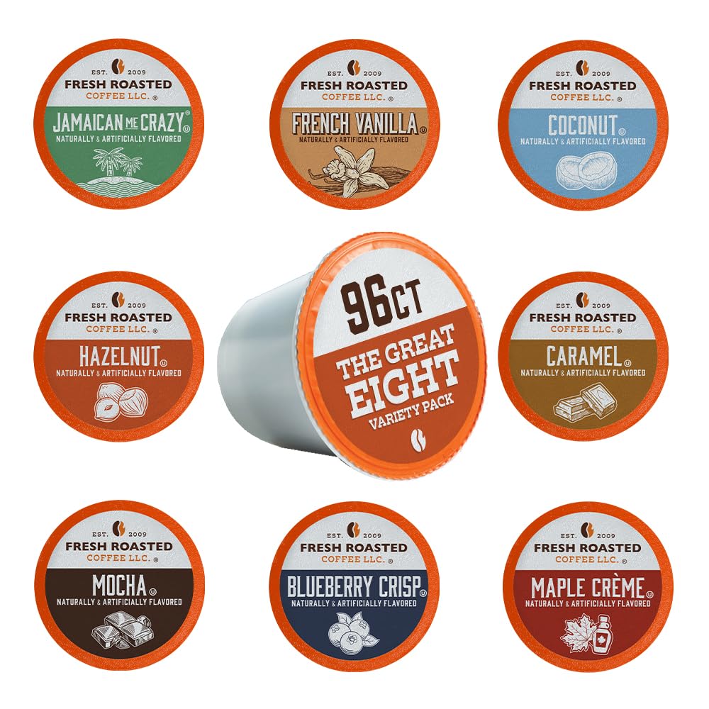 Fresh Roasted Coffee, The Great Eight, Flavored Coffee Pod Variety Pack, K-Cup Compatible, 96 Count