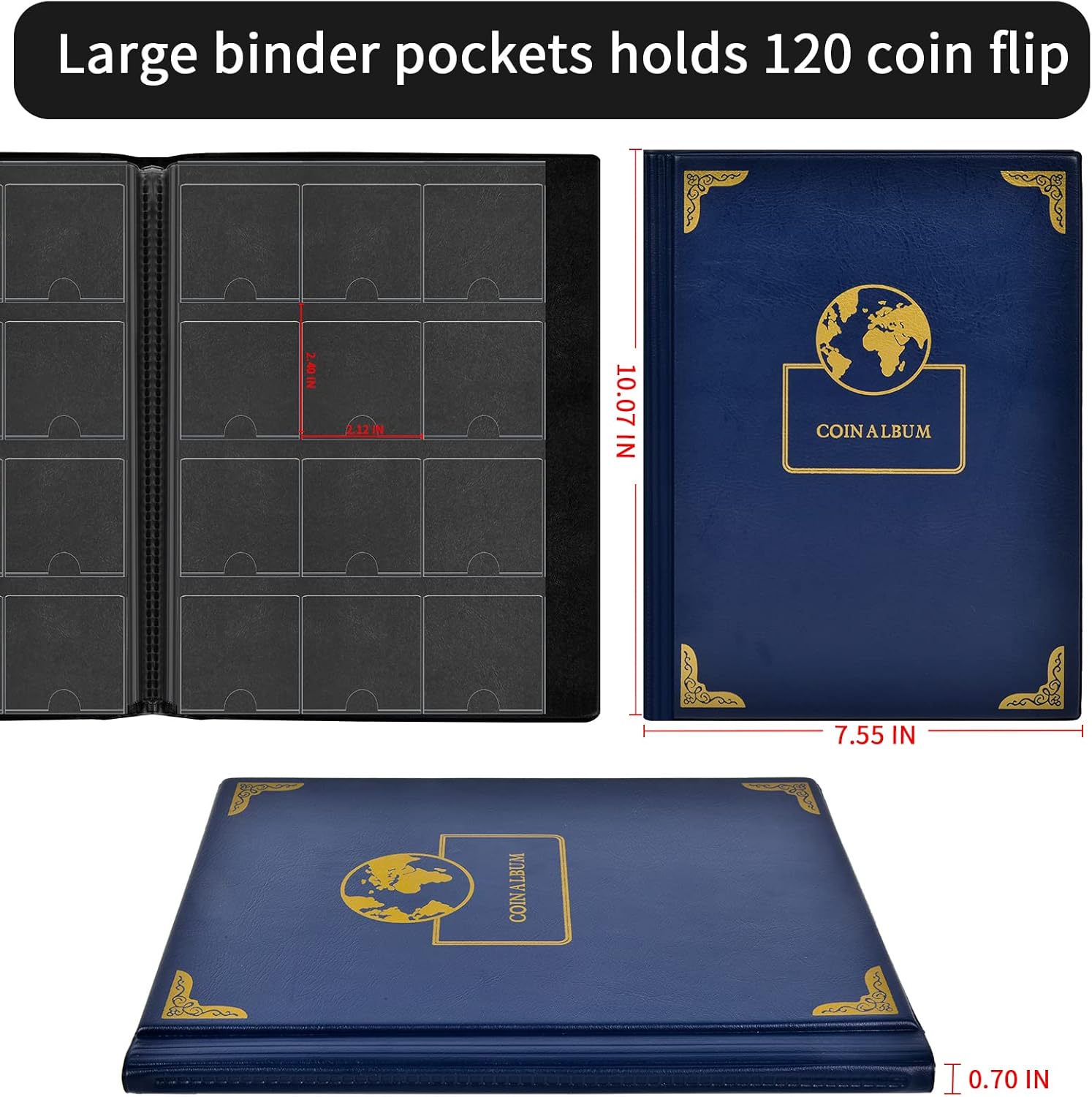 Alternative view of 120 Pockets Coin Flip Holder Albums, 2x2 inches Coin Storage Books for Coin Cardboard Collection Holders, Collection Book Sleeves Supplies for Collectors- Blue Earth(Coin Flips not Included)