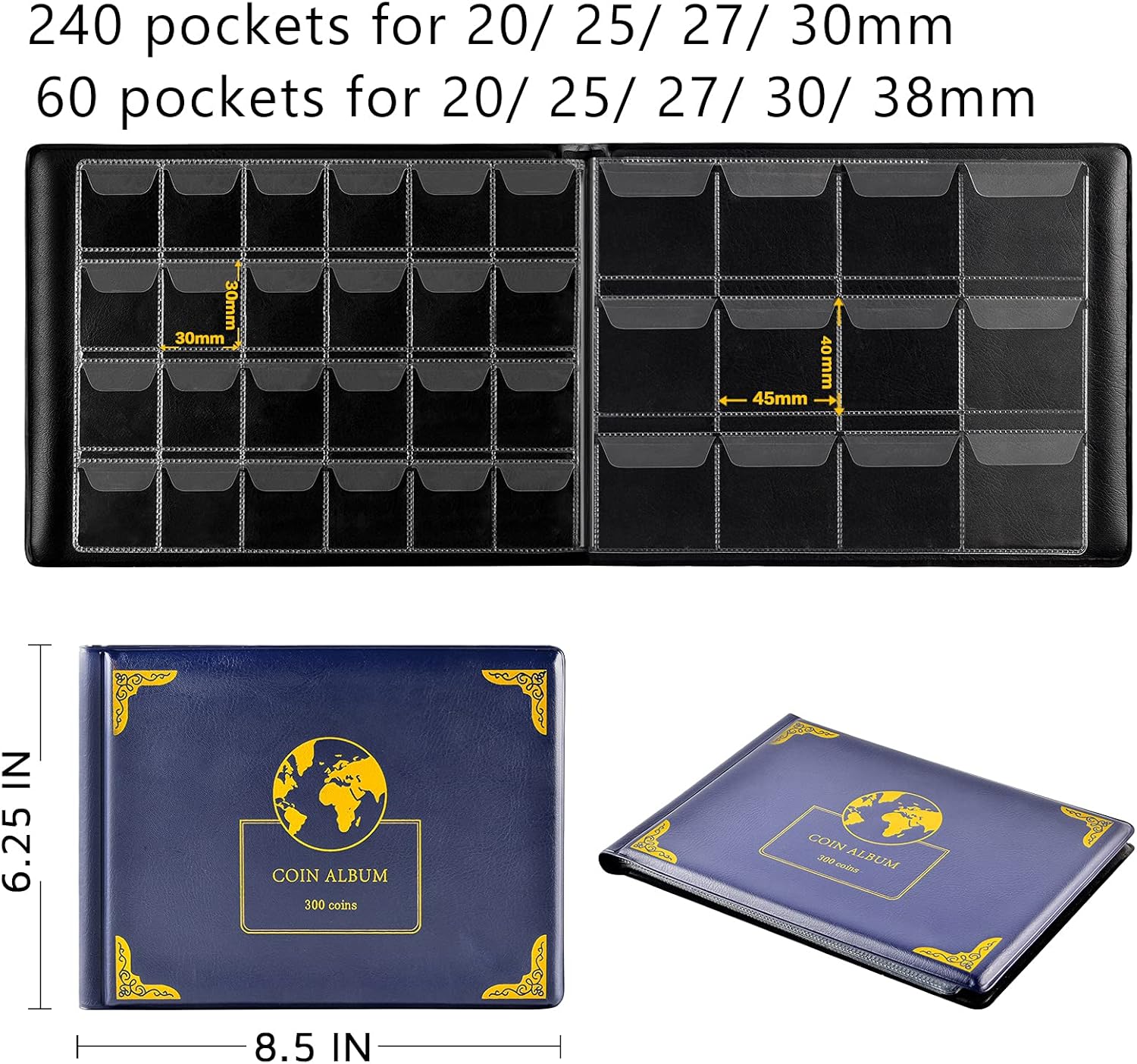 Coin Collection Supplies Holder Book for Collectors, 300 Pockets Coin Collection Organizer Storage Box Case Album for 20/25/ 27/30/ 38mm Coins- Blue