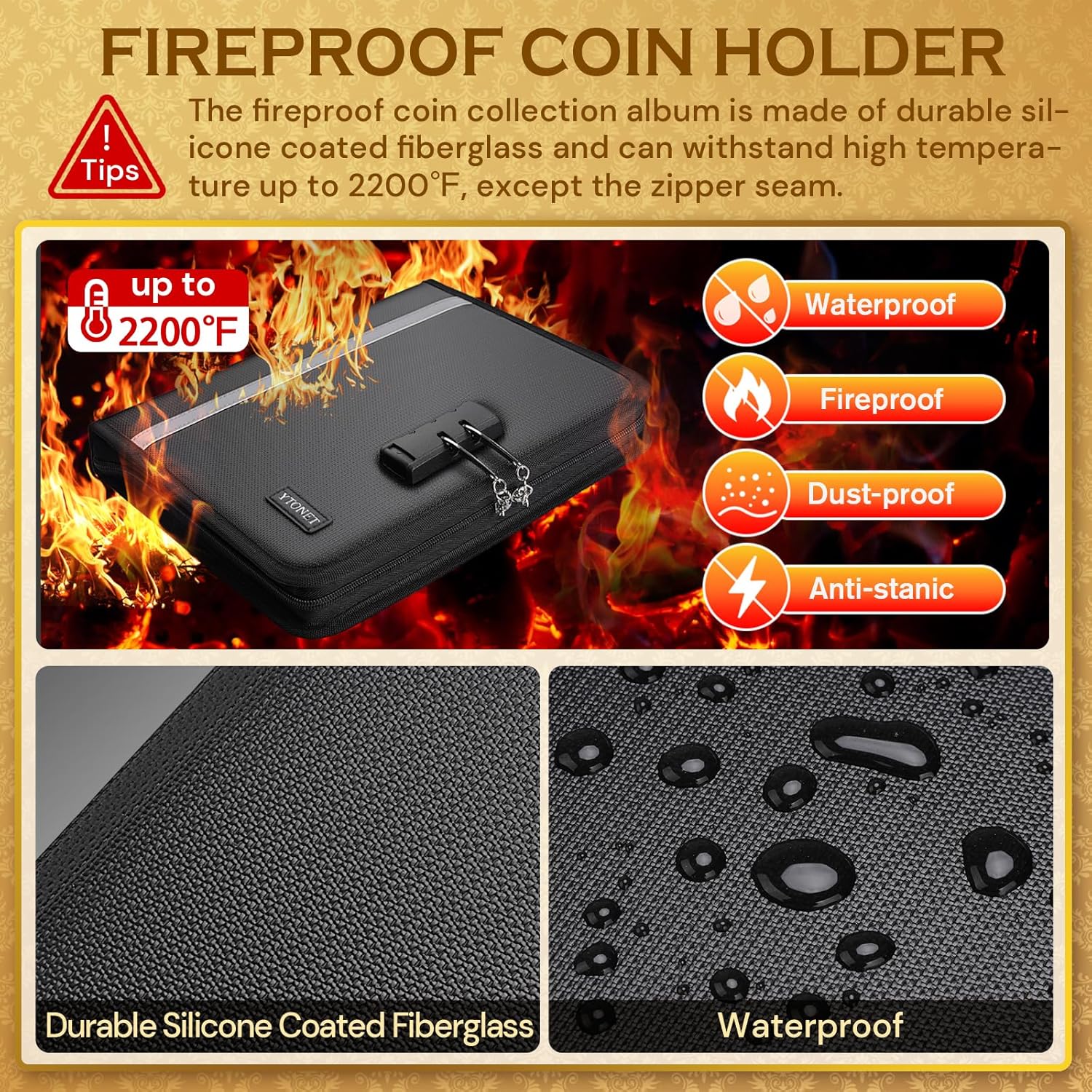 Alternative view of Coin Collection Book Holder for Collectors, Fireproof Coin Collection Supplies with Lock, 320 Pockets Coins Album and 36 Currency Album Storage Organizer, Coins Collector Gifts for Bill, Penny, Black