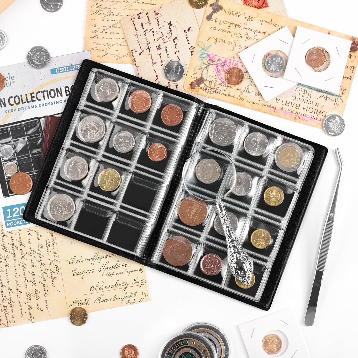 Coin Collection Album - Coin Holder Book Coin Storage Album Money Penny Pocket for Collectors CS01 (Red, Pocket Size 30x30mm/1.2x1.2 in[120 Pockets])