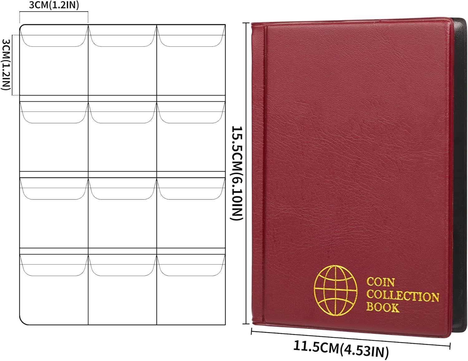 Alternative view of Coin Collection Album - Coin Holder Book Coin Storage Album Money Penny Pocket for Collectors CS01 (Red, Pocket Size 30x30mm/1.2x1.2 in[120 Pockets])