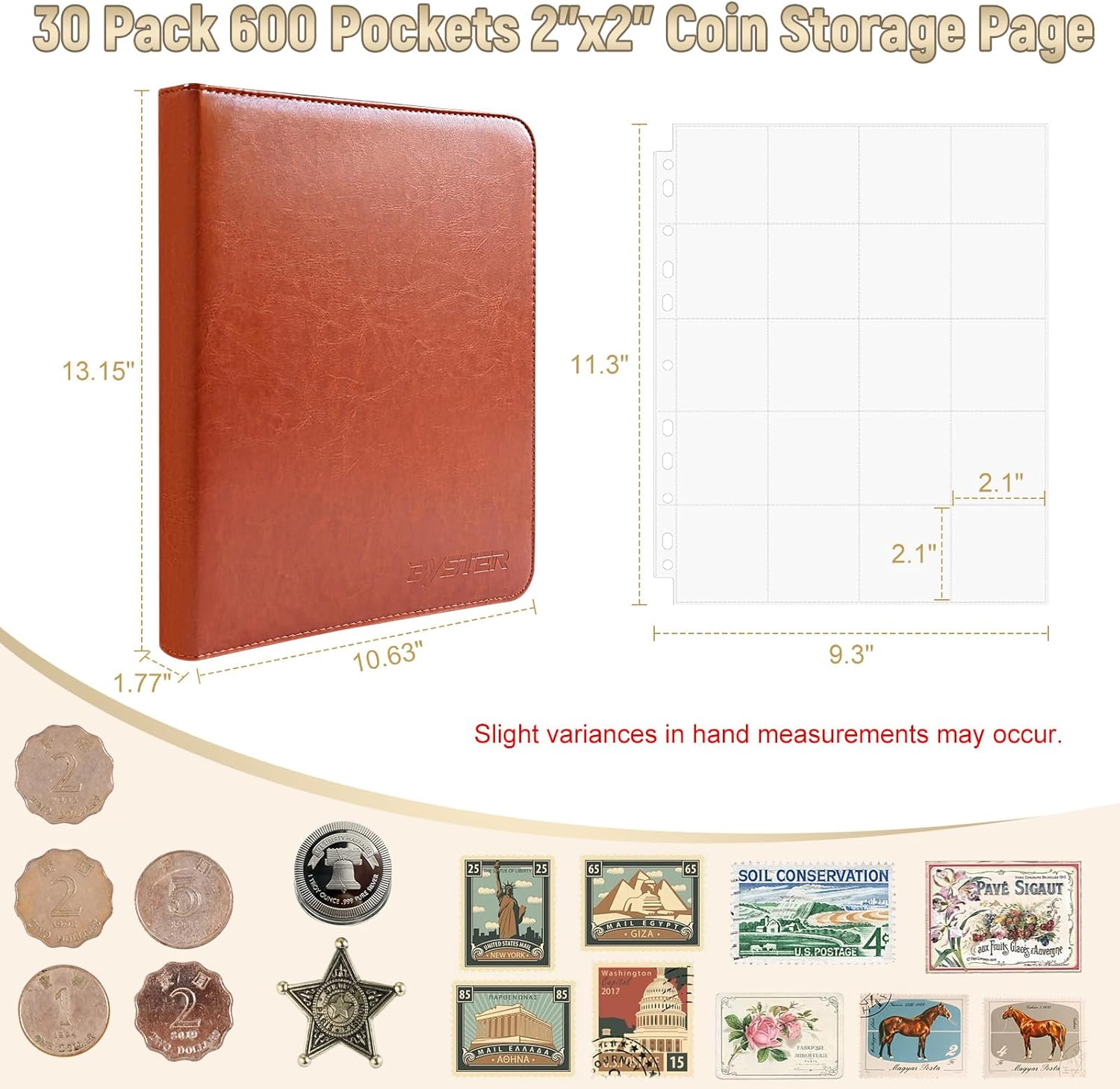 BYSTER Coin Collection Book, 30 Pack 600 Pockets Coin Sleeves, Coin Collection Holder Album, Coin Collection Organizer Storage Box Case (Coin Flips Not Included), Reddish Brown