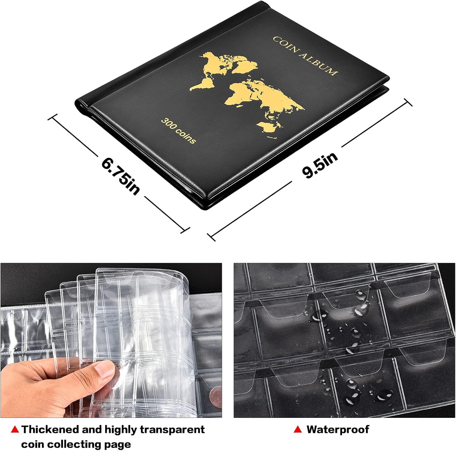 Coin Collection Book Holder Album for Collectors, 300 Pockets Coin Collection Supplies for Different Size Coins Display Sleeves for Money Currency, Pennies, Silver Eagle & Foreign Coins(Black)