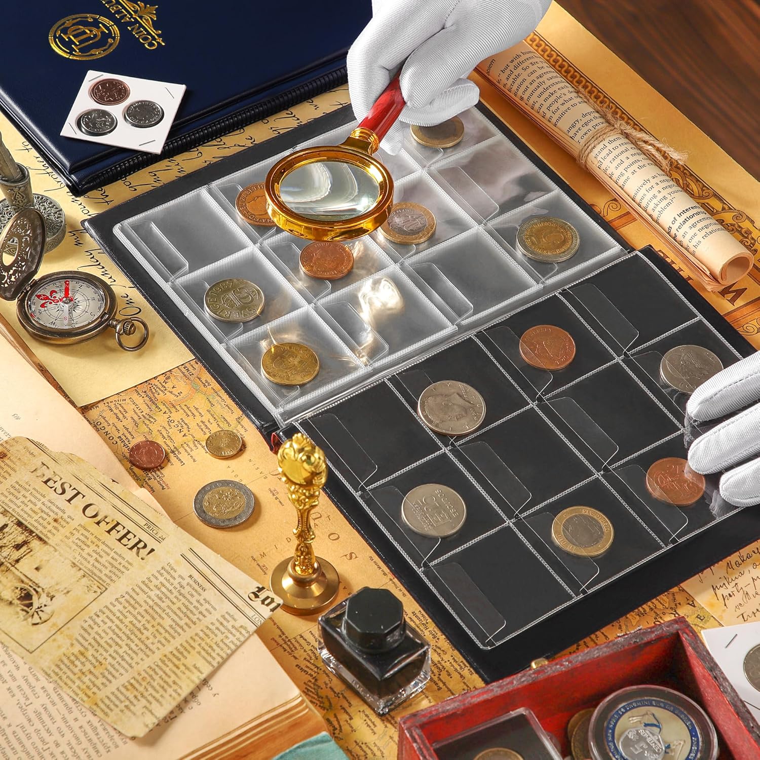 120 Pockets Coin Album - Coin Collecting Book with 10 Pages, 45x43 mm Grid Holder for Pounds Pence Cents Dollars Nickel (Blue) CS48120BL