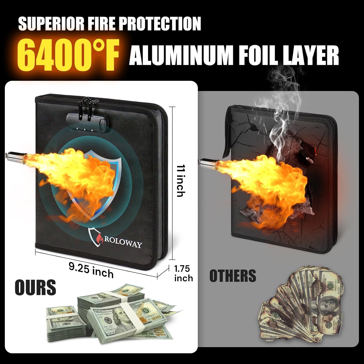 ROLOWAY Coin Collection Book 6400℉ Heat Insulated, 346 Pockets Fireproof Coin Book Holder and 36 Paper Currency Album with Aluminum Foil Layer, Money Saving Coin Collector Book with Lock (Black)