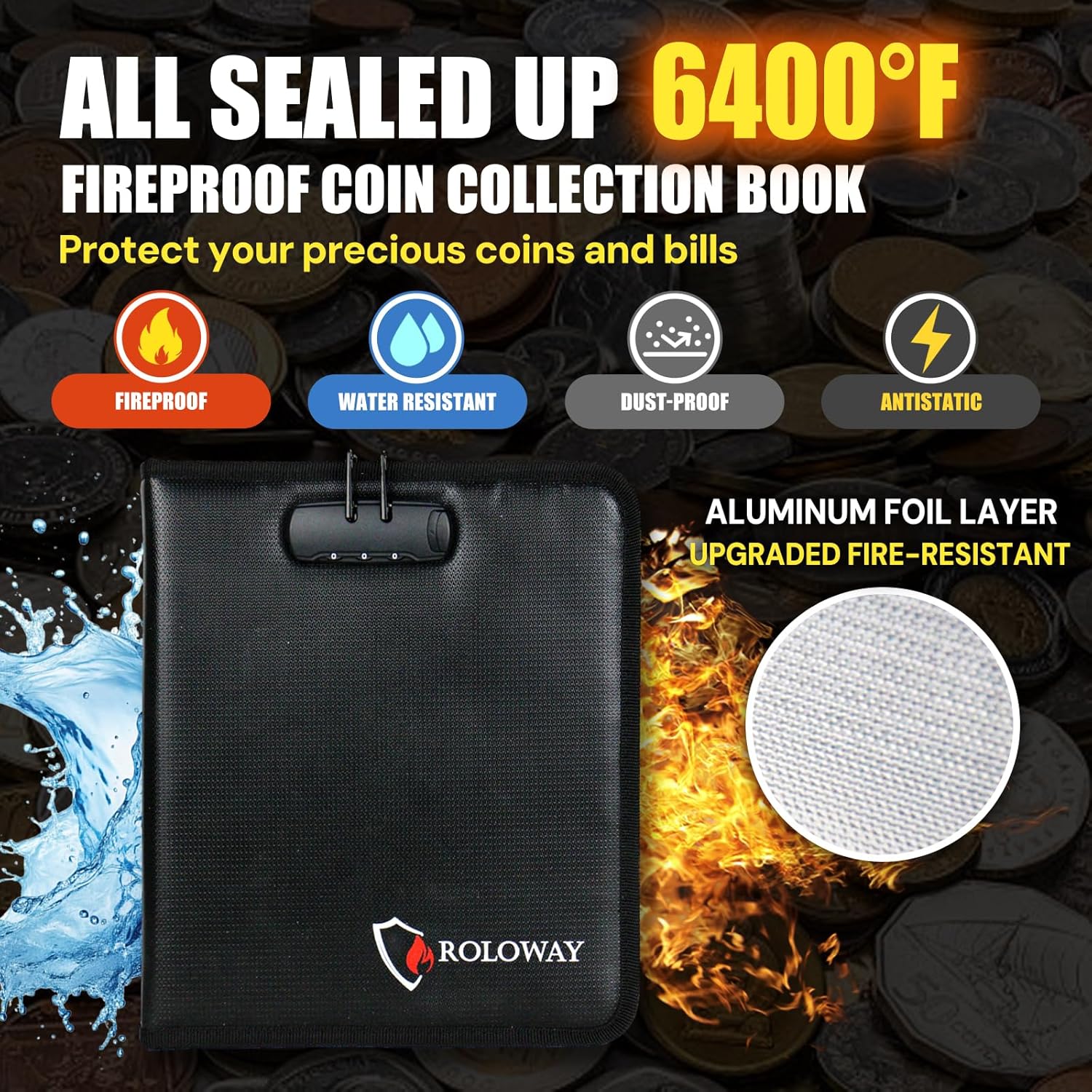 Alternative view of ROLOWAY Coin Collection Book 6400℉ Heat Insulated, 346 Pockets Fireproof Coin Book Holder and 36 Paper Currency Album with Aluminum Foil Layer, Money Saving Coin Collector Book with Lock (Black)