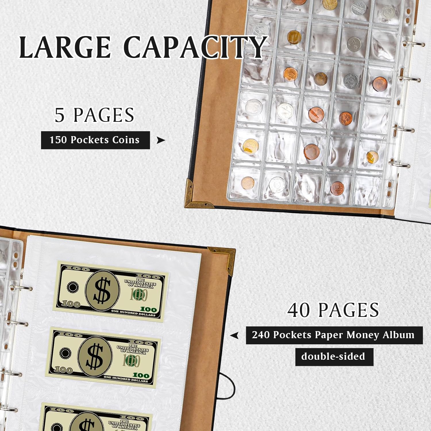 Alternative view of Zonon Currency Album Coin Collecting Book Holder with 150 Coin Pockets and 240 Paper Currency Pockets, PU Leather Album Collection Book Penny Storage(Black)