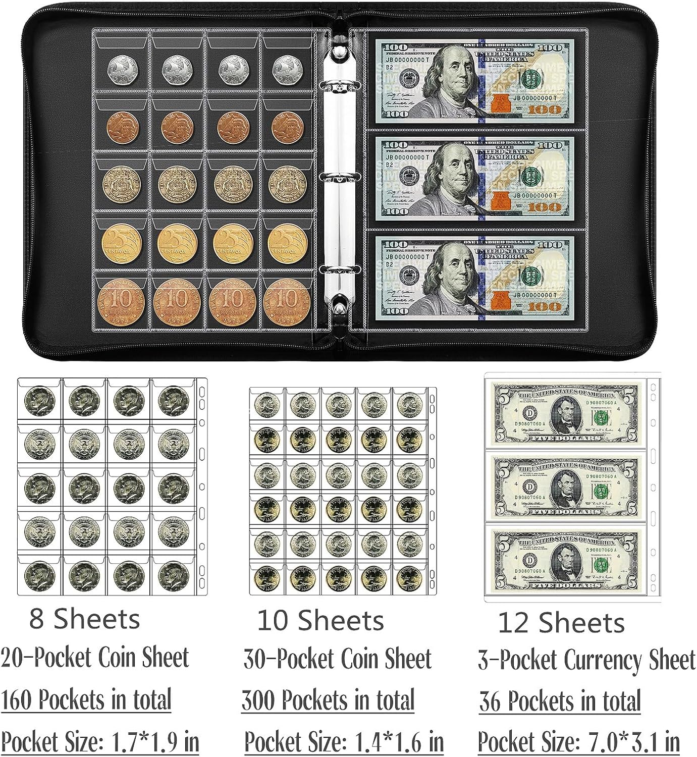 Alternative view of Ettonsun Fireproof Coin Collection Book Holders for Collectors, 460 Pockets Coin Organizer Sleeves Coin Album & 36 Currency Sleeves Album Money Holder Coin Storage Case for Coin Collection Supplies