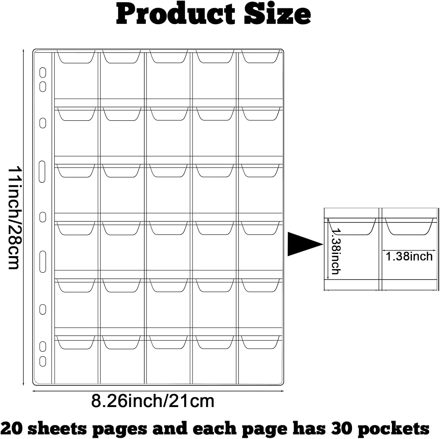 Alternative view of 600 Pockets Coin Sleeves 20 Sheets Coin Holders for Collectors Plastic Coin Protectors Pages Collection Supplies for Binder with Standard 9 Holes (30 Pocket)