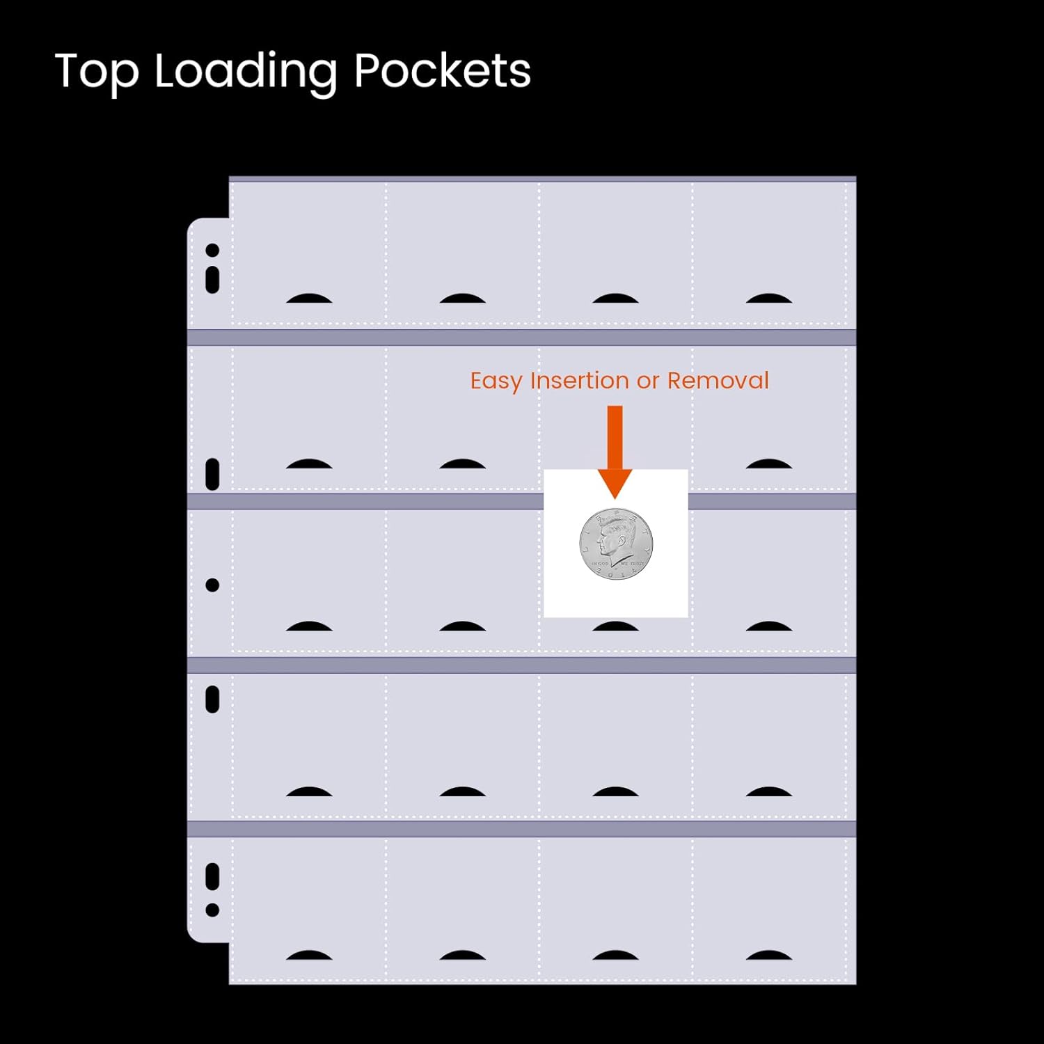 Alternative view of 50-Sheets 20-Pocket Thumb-Cut Coin Pages - Coin Pocket Pages for 2 x 2 Inch Cardboard Coin Holders, Collecting Sleeves for Coin Flips, 1000 Pockets for Coin Binder, Coin Collection Storage Supplies