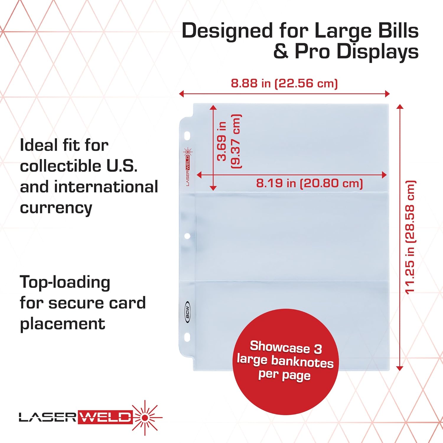 BCW LaserWeld 3-Pocket Currency Page - 50 Pack | Archival Polypropylene | Top-Loading, Acid-Free, Clear Binder Sleeves | Ideal for Dollar Bill, Currency, Money, and Coin Collecting Supplies
