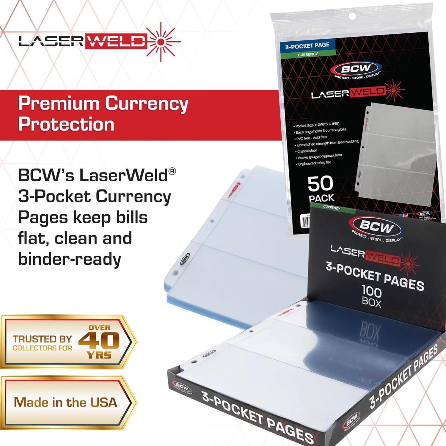 Alternative view of BCW LaserWeld 3-Pocket Currency Page - 50 Pack | Archival Polypropylene | Top-Loading, Acid-Free, Clear Binder Sleeves | Ideal for Dollar Bill, Currency, Money, and Coin Collecting Supplies