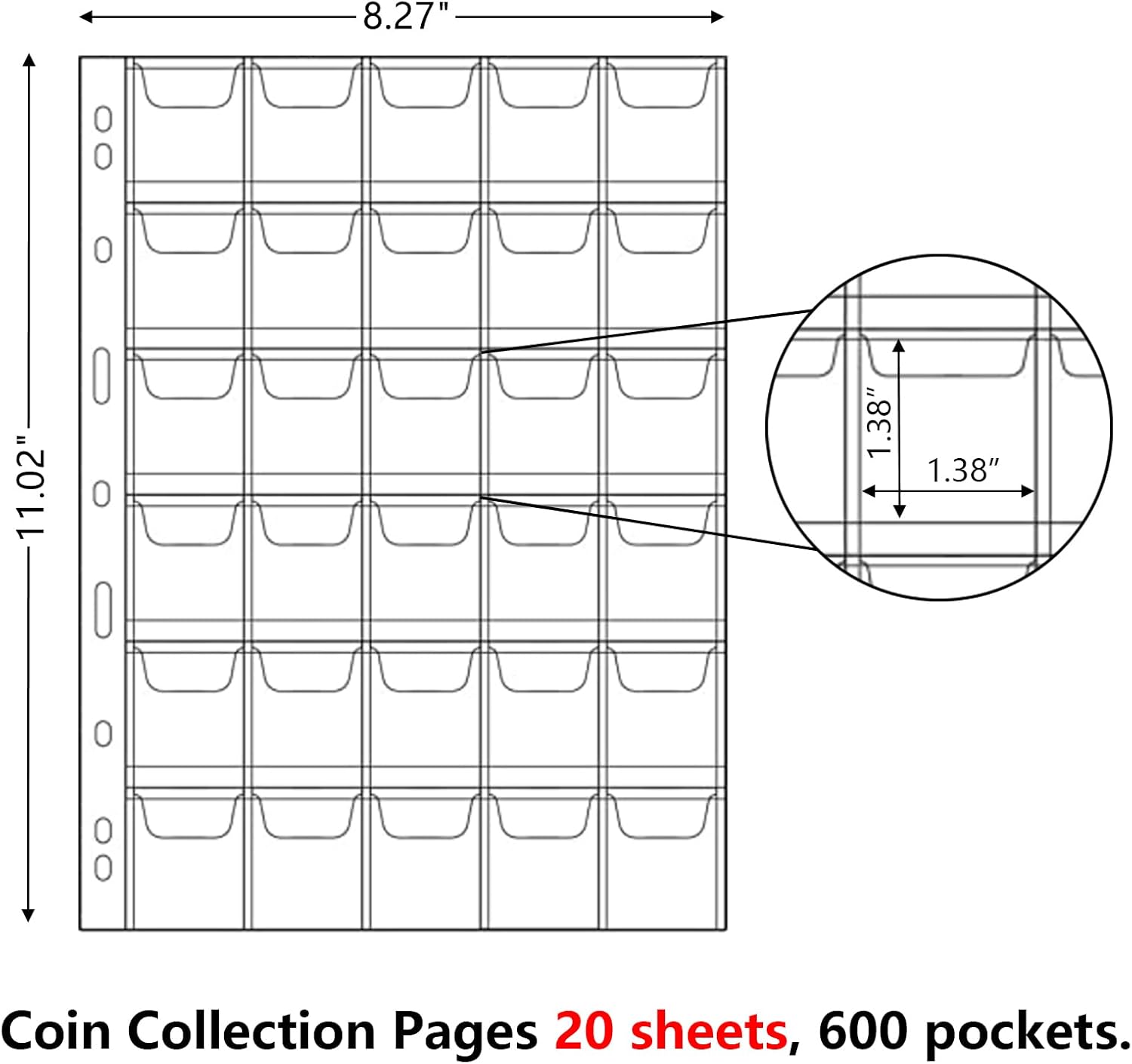 MUQING 600 Pockets Coin Sleeves, 20 Sheets Coin Pages, Coin Collecting Supplies with Standard 9 Holes, Coin Sheets Plastic for Binder(30 Pocket)