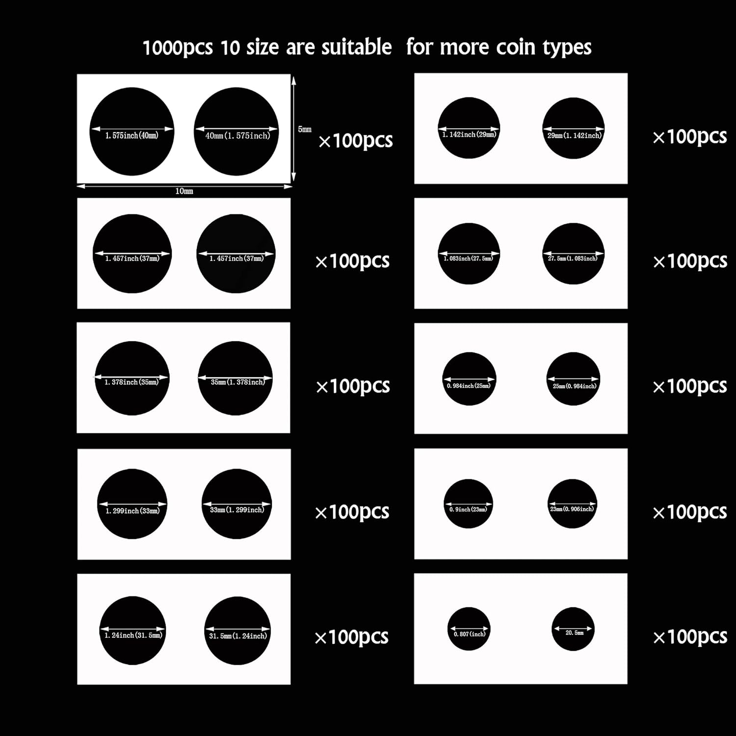 Boen Coin Flips 10 Assorted Sizes 1000Pcs Coin Holders for Colletors The Coin Collection Supplies Include A Mini Stapler The Coin Cardboard Coin Flips for Coin Collection (10 Assorted Size 1000pcs)