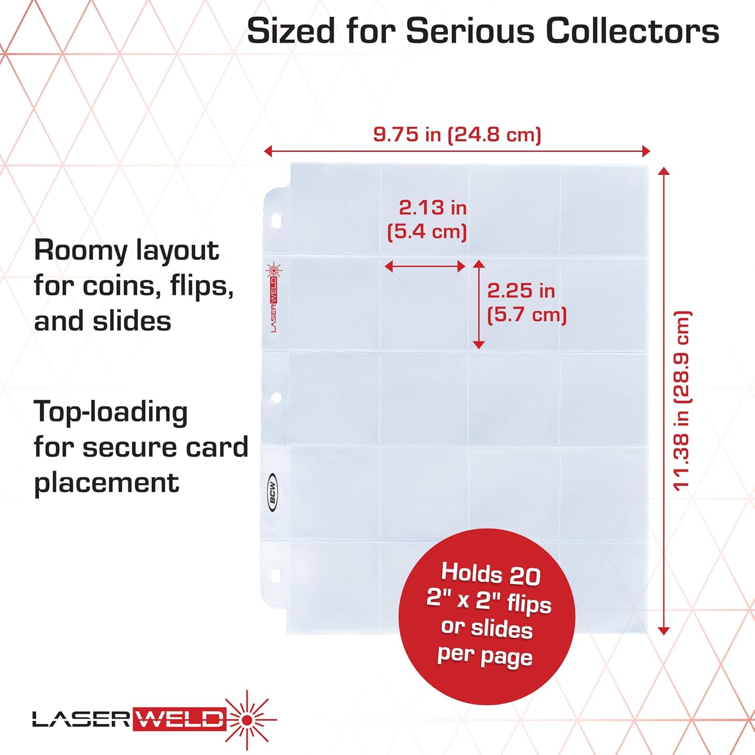 BCW LaserWeld 20-Pocket Coin Pages | 50 Count | Archival Acid-Free 3-Ring Binder Pages for Coins, Cards & Slides | Strong, Flat Laser-Welded Seams