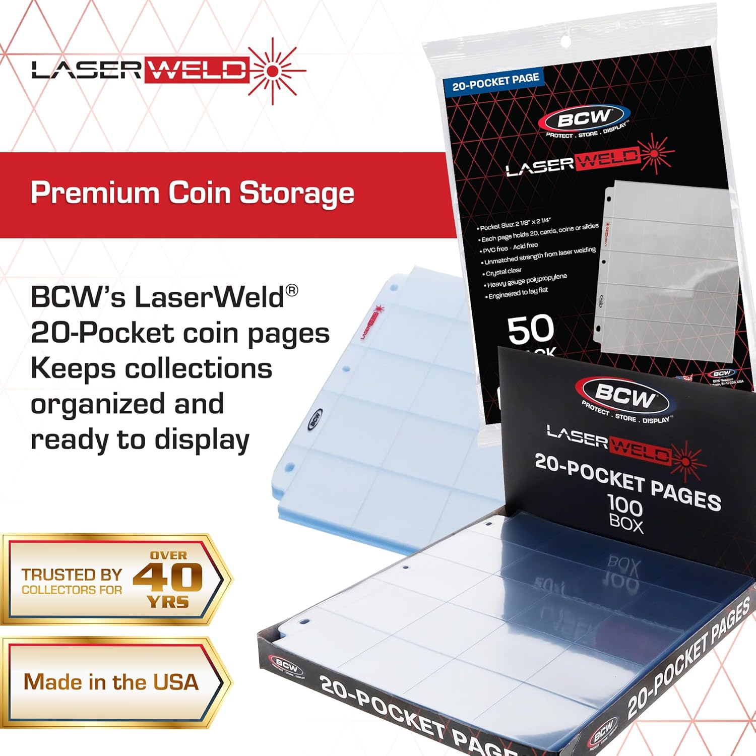 Alternative view of BCW LaserWeld 20-Pocket Coin Pages | 50 Count | Archival Acid-Free 3-Ring Binder Pages for Coins, Cards & Slides | Strong, Flat Laser-Welded Seams