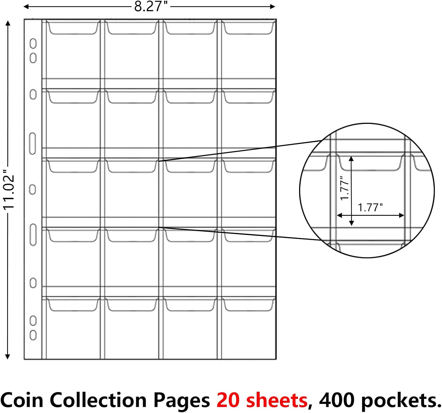 MUQING 400 Pockets Coin Collecting Supplies, 20 Sheets Coin Pages Sleeves Collectors for 3 and 4 Ring Binder, Coin Plastic Sheets for Album(20 Pocket)