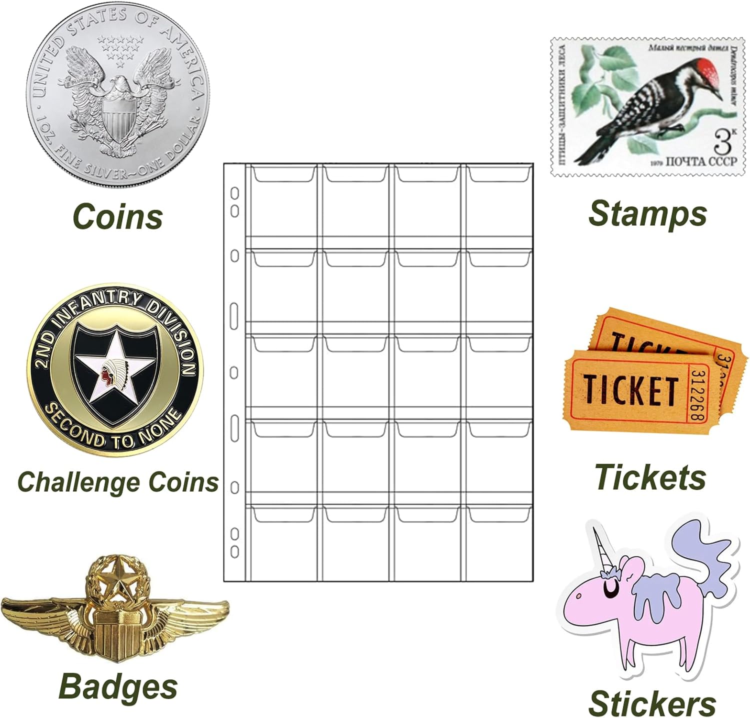 Alternative view of MUQING 400 Pockets Coin Collecting Supplies, 20 Sheets Coin Pages Sleeves Collectors for 3 and 4 Ring Binder, Coin Plastic Sheets for Album(20 Pocket)