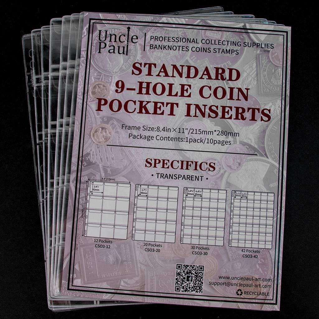 Coin Collecting Pages 5 Sheets 20 Pockets Standard 9Hole Coin Pocket Inserts Collecting Sleeves for Coins Uncle Paul CS03520 - Image 7