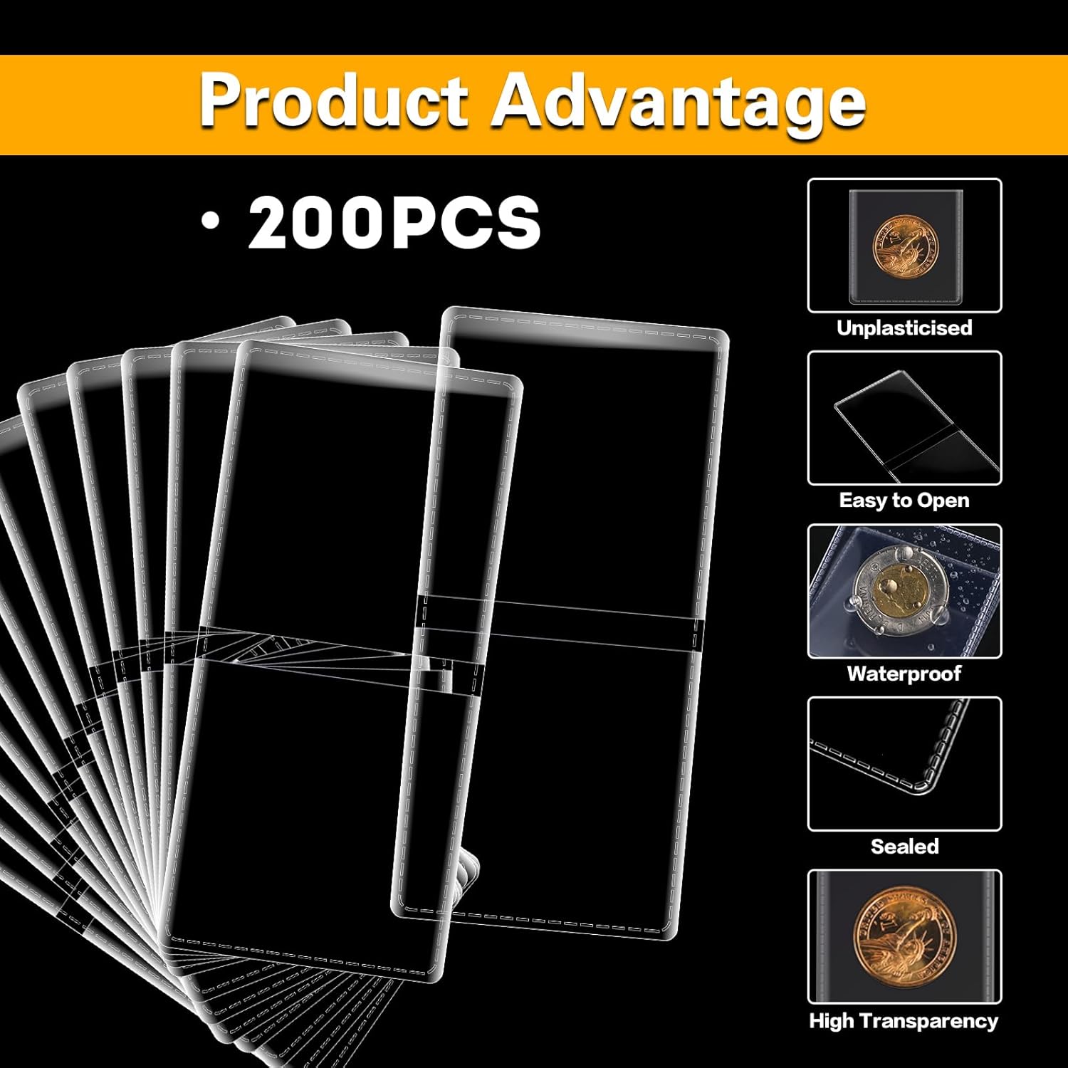 Alternative view of 200-Pack 2.5 x 2.5 Inch Double-Pocket-Coin-Flips - Coin Pocket Holders, Unplasticized Coin Sleeves, Vinyl Coin Collection Holder for Long Term Coin Storage, Safety Coin Flips, Vinyl Coin Flips