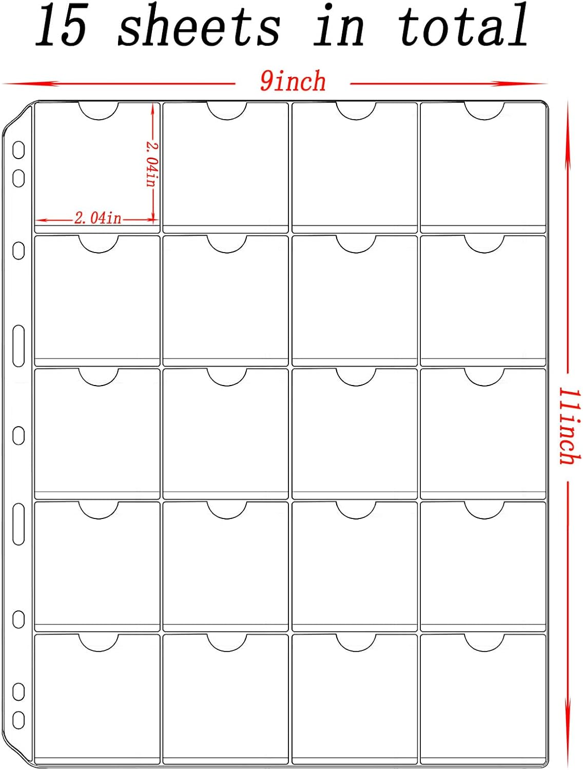 Alternative view of 15 Sheets 300 Pockets Coin Pocket Pages for 2" x 2" Cardboard Coin Flips, Standard 9-Hole for Coins Coin Binder Collection Supplies Pages