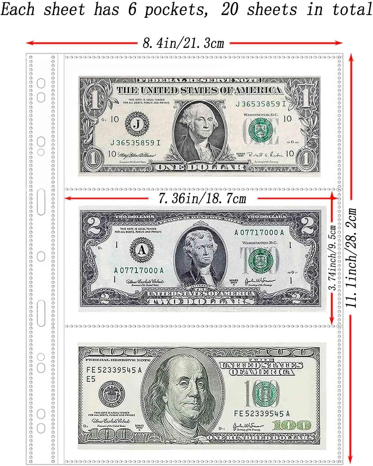 20 Sheets 120 Pockets Currency Sleeves Paper Money Collection Supplies Pages, Currency Collecting Page with 11 Hole Coin Binder Sleeves for Coupon, Bills and Banknotes, Currency Collection Album