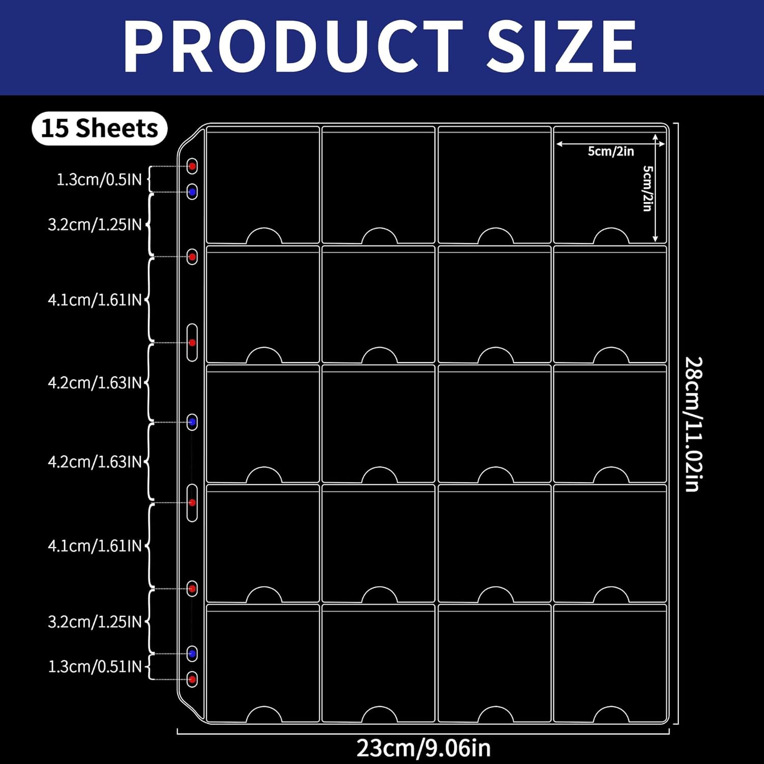 Alternative view of 15 Sheets Coin Pocket Pages - 5x5cm(2"x2") 20 Pockets Standard 9-Hole Coin Binder Inserts Sleeves Coin Collection Pocket Pages