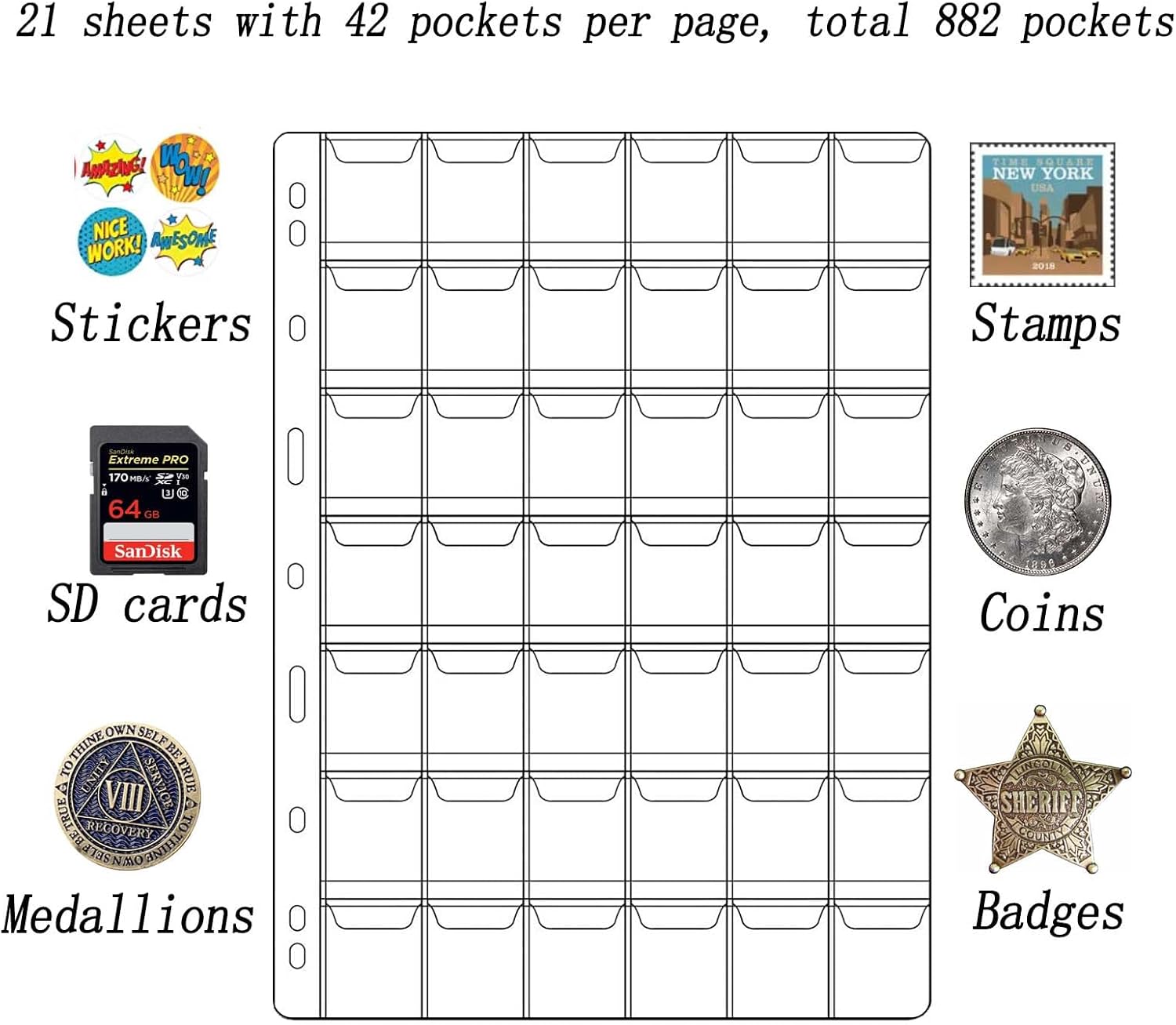 882 Pockets Coin Collection Pages, 21 Sheets Coin Collection Supplies Pages with Standard 9 Hole Coin Binder Sleeves for Penny, Nickel, Dime, Quarter Dollar Collection (42 Pocket) - Image 5