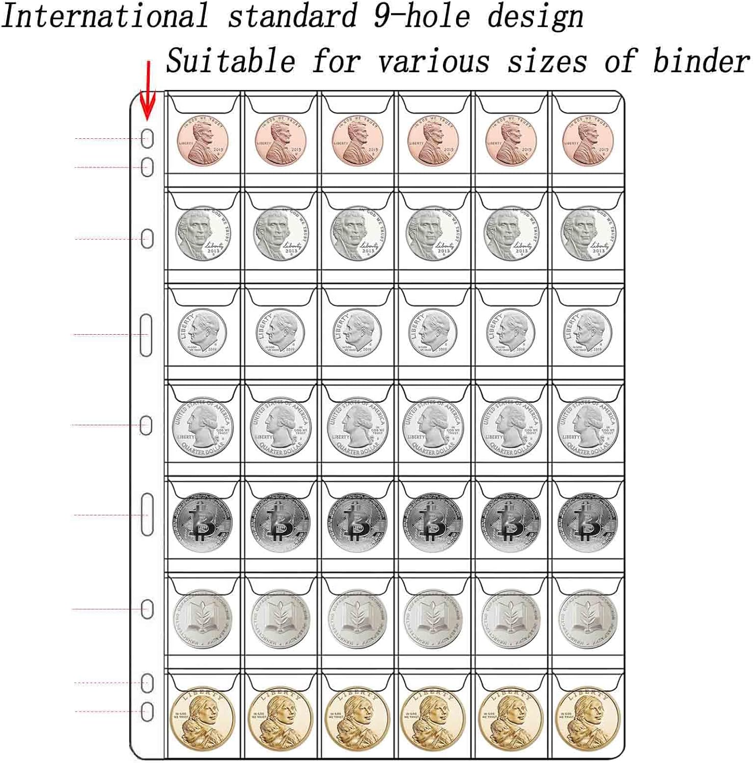 882 Pockets Coin Collection Pages, 21 Sheets Coin Collection Supplies Pages with Standard 9 Hole Coin Binder Sleeves for Penny, Nickel, Dime, Quarter Dollar Collection (42 Pocket) - Image 6