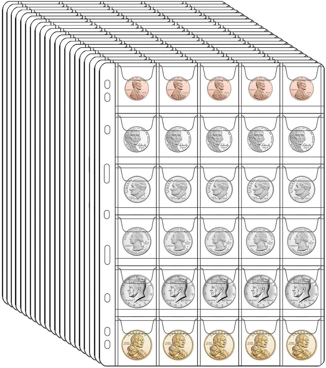 882 Pockets Coin Collection Pages, 21 Sheets Coin Collection Supplies Pages with Standard 9 Hole Coin Binder Sleeves for Penny, Nickel, Dime, Quarter Dollar Collection (42 Pocket) - Image 9