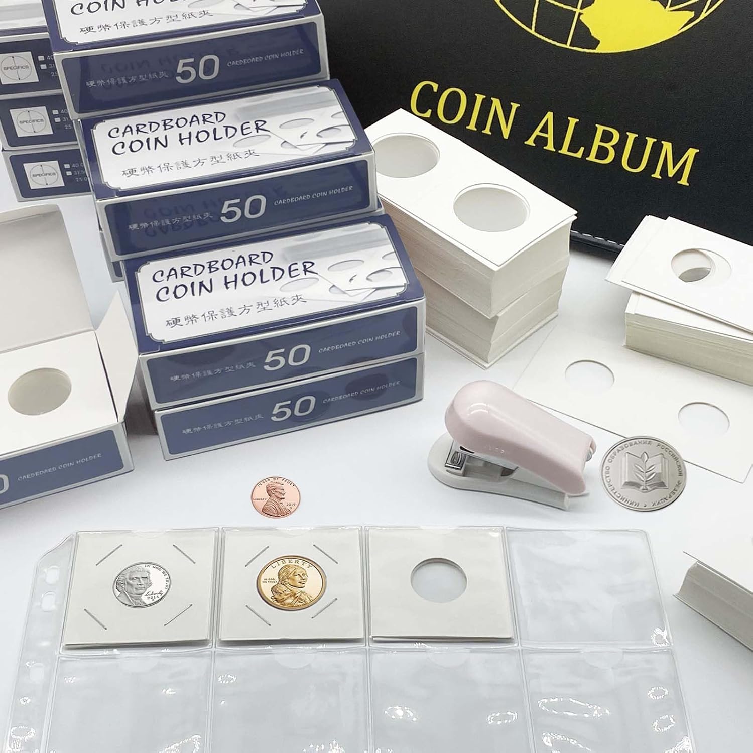 300 Pcs Cardboard Coin Flips, 6 Assorted Sizes 2" x 2" Pockets Coin Holders for Colletors, The Coin Collection Supplies for Dollars, Penny, Quarter, Nickels Collecting
