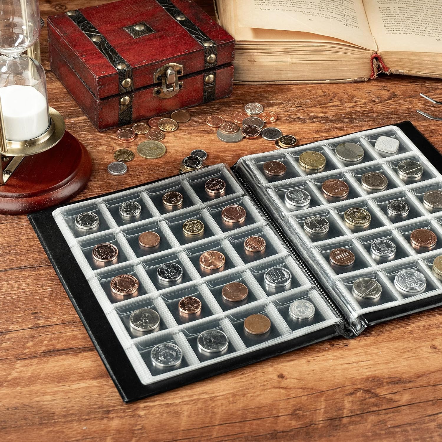 200 Pockets Coin Album - Coin Collecting Book with 10 Pages, 33x33 mm Grid Holder for Pounds Pence Cents Dollars Nickel (Black) CS48200BK