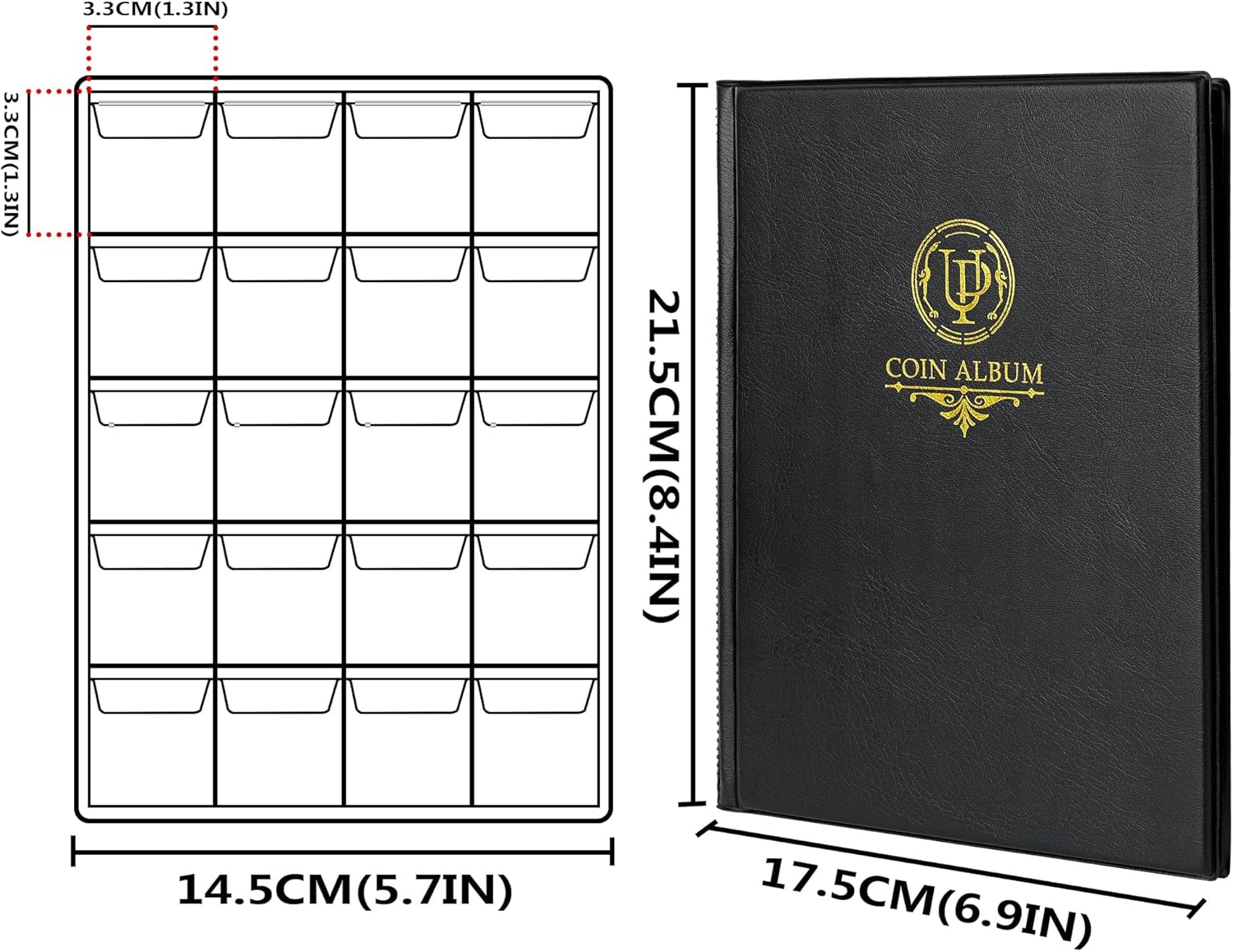 Alternative view of 200 Pockets Coin Album - Coin Collecting Book with 10 Pages, 33x33 mm Grid Holder for Pounds Pence Cents Dollars Nickel (Black) CS48200BK