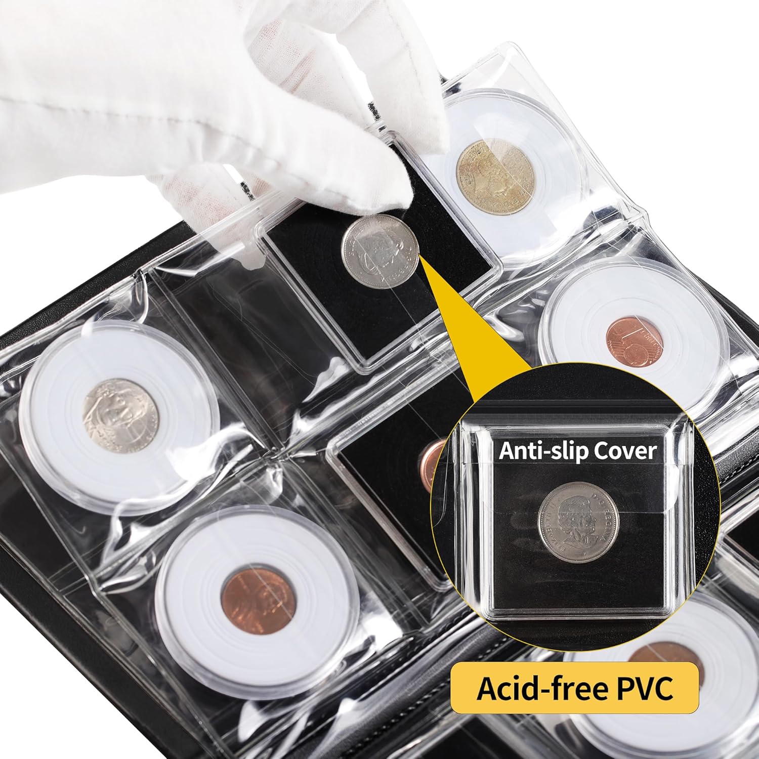 36 Pockets Coin Capsule Holder Album - 2.3x2.2 inches Coin Collecting Book with 6 Pages, Collection Album Sleeves for Square, Round Coin Snap Holders CS49BK - Image 3