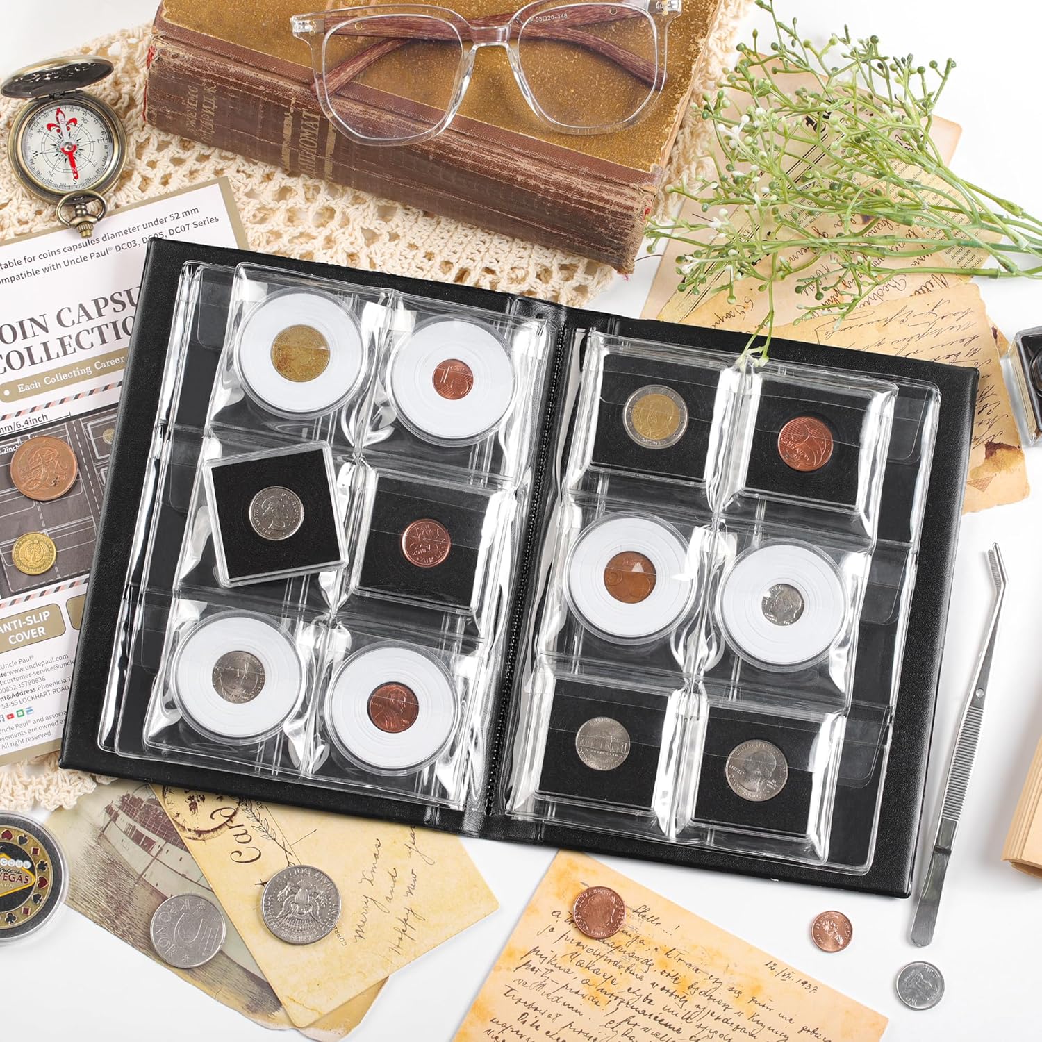 36 Pockets Coin Capsule Holder Album - 2.3x2.2 inches Coin Collecting Book with 6 Pages, Collection Album Sleeves for Square, Round Coin Snap Holders CS49BK - Image 5